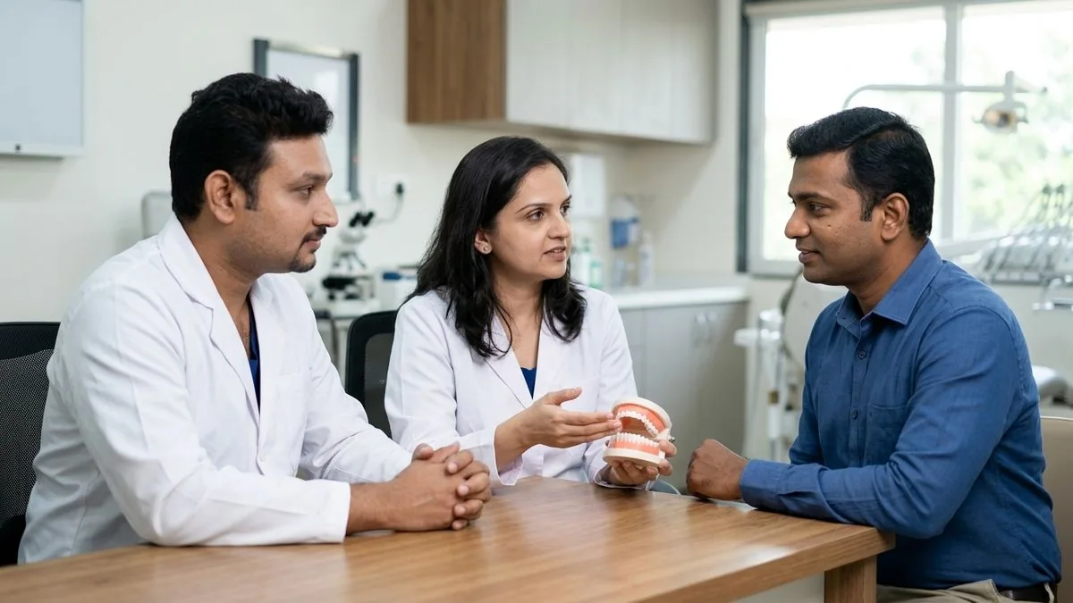 Dr. Pradeep S. and Dr. Kalpa Pandya consulting a patient about ameloblastoma jaw tumour symptoms diagnosis and surgery