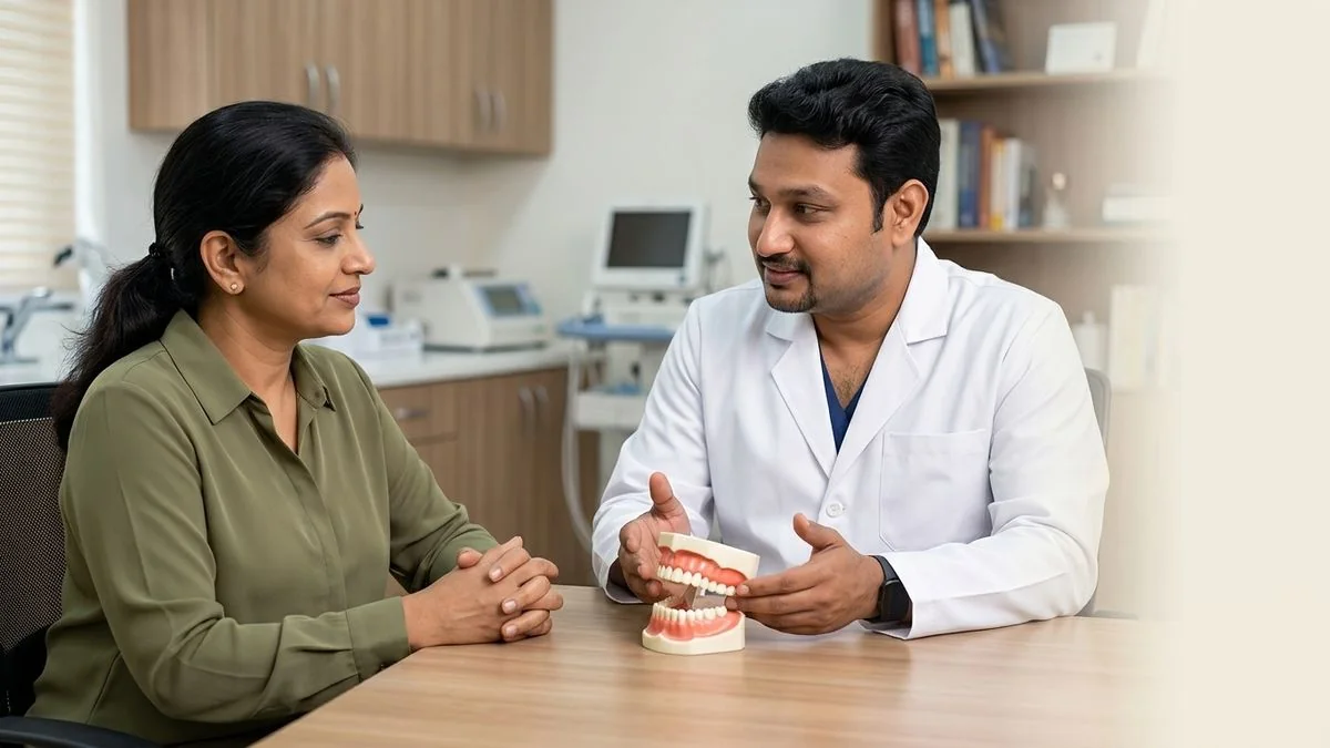 Dr. Pradeep S. and Dr. Kalpa Pandya consulting a patient about broken jaw after accident symptoms and first steps