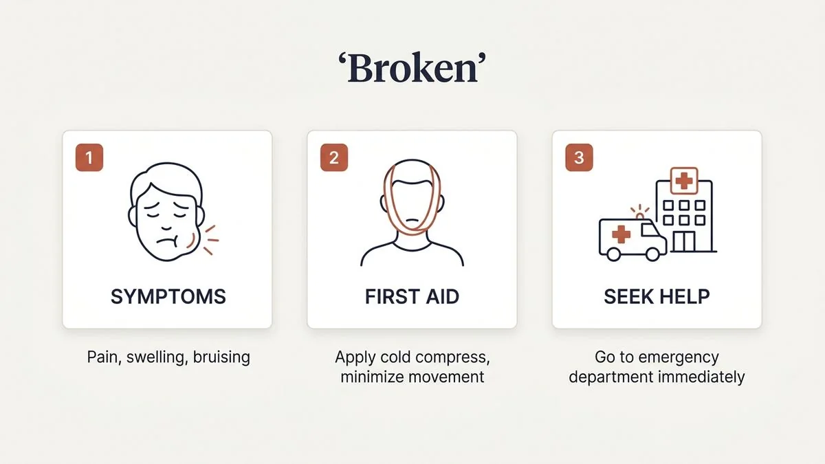 broken jaw after accident symptoms and first steps — key facts infographic