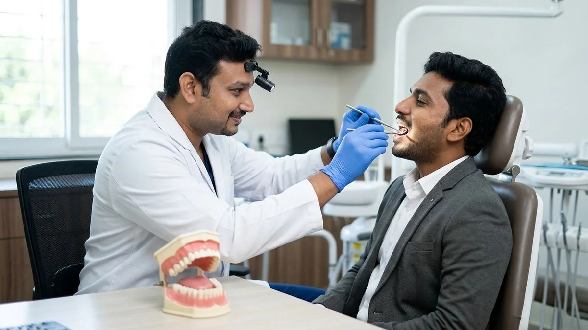 Dr. Pradeep S. and Dr. Kalpa Pandya consulting a patient about mouth ulcer vs oral cancer warning signs to watch