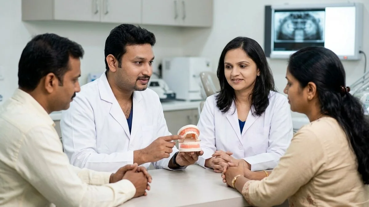 Dr. Pradeep S. and Dr. Kalpa Pandya consulting a patient about cheekbone zygomatic fracture symptoms surgery and recovery