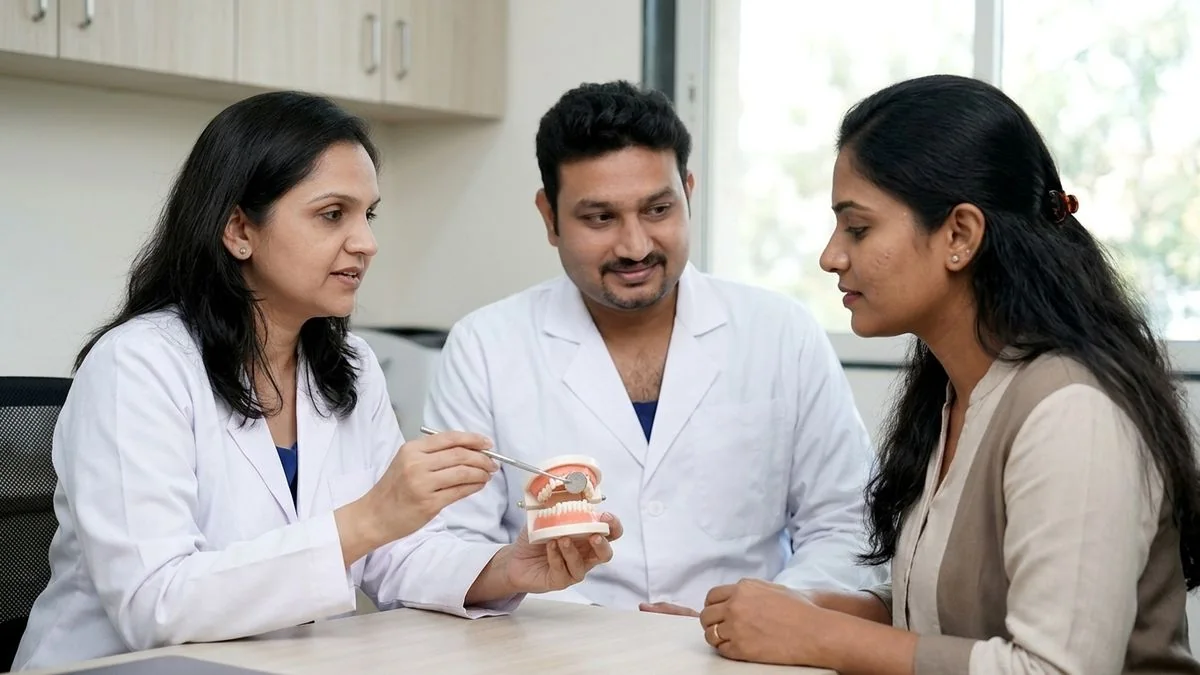 Dr. Pradeep S. and Dr. Kalpa Pandya consulting a patient about dental implants after oral cancer surgery restoring your bite