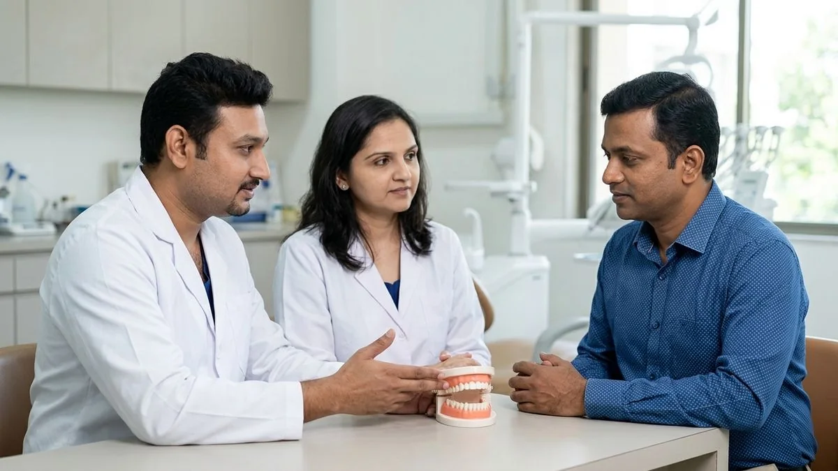 Dr. Pradeep S. and Dr. Kalpa Pandya consulting a patient about fibula free flap how leg bone rebuilds your jaw and holds implants
