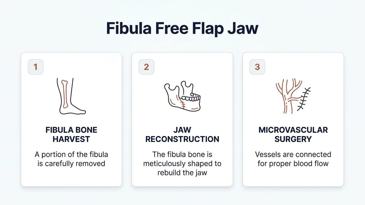 fibula free flap how leg bone rebuilds your jaw and holds implants — key facts infographic
