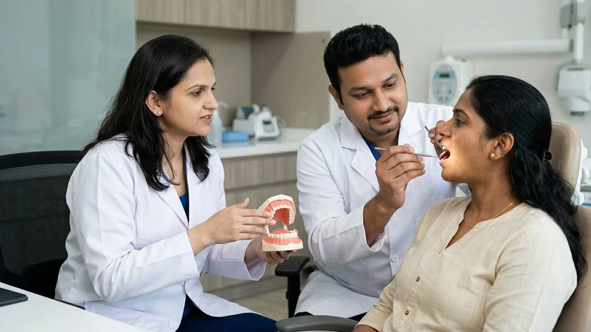 Dr. Pradeep S. and Dr. Kalpa Pandya consulting a patient about floor of mouth cancer symptoms and warning signs