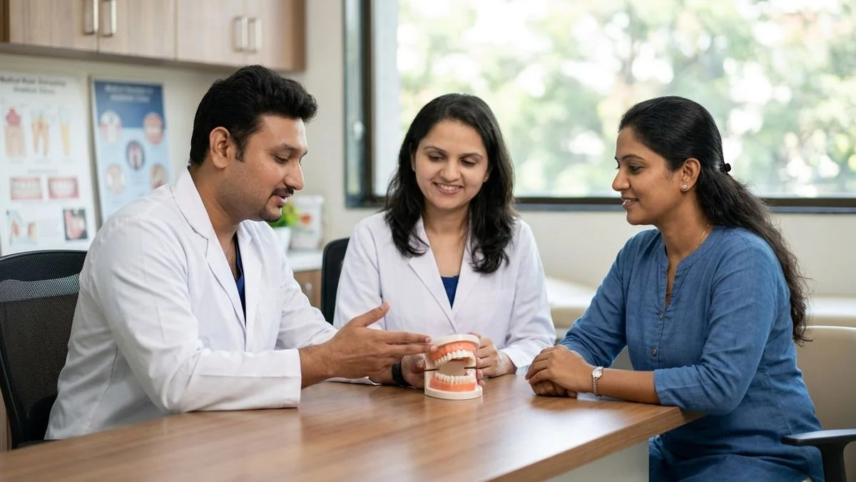 Dr. Pradeep S. and Dr. Kalpa Pandya consulting a patient about jaw cysts OKC and dentigerous cyst causes surgery and recurrence