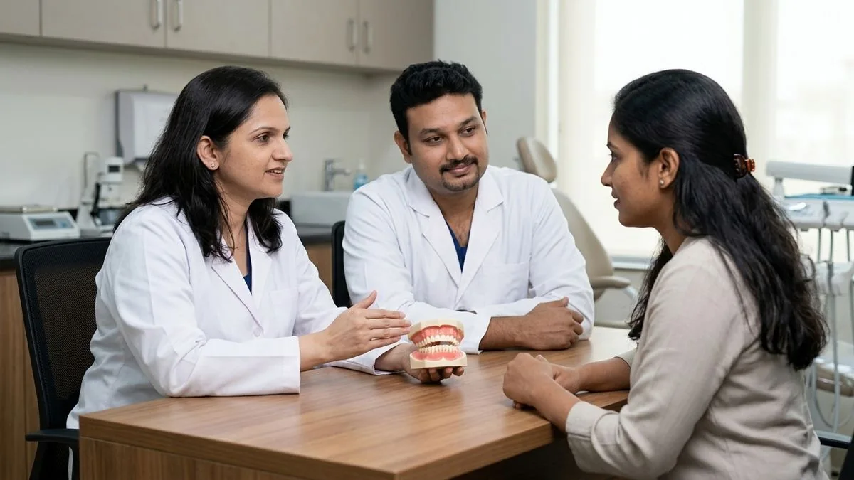 Dr. Pradeep S. and Dr. Kalpa Pandya consulting a patient about rebuilding the jaw after cancer free flap vs PMMC flap