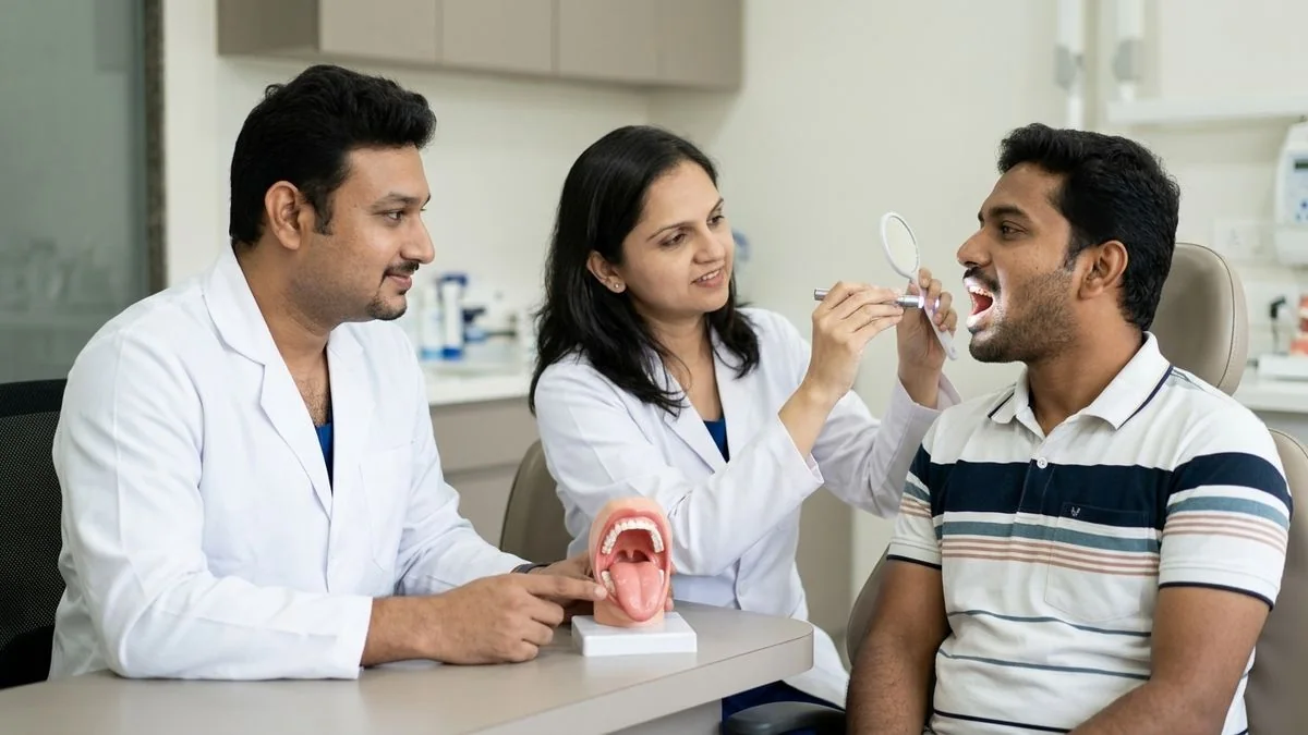 Dr. Pradeep S. and Dr. Kalpa Pandya consulting a patient about life after tongue cancer surgery speech and swallowing recovery
