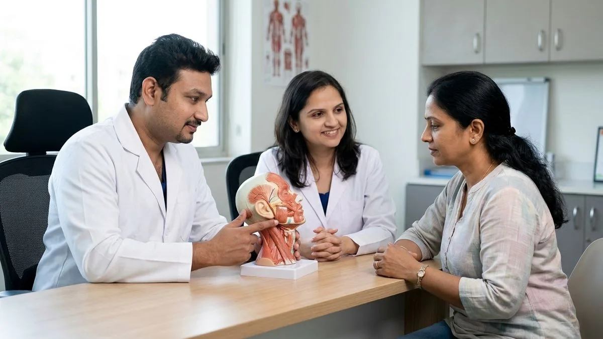 Dr. Pradeep S. and Dr. Kalpa Pandya consulting a patient about neck dissection for oral cancer what to expect before and after