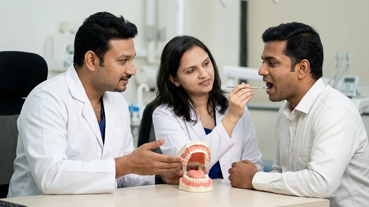 Dr. Pradeep S. and Dr. Kalpa Pandya consulting a patient about eating and nutrition during oral cancer treatment