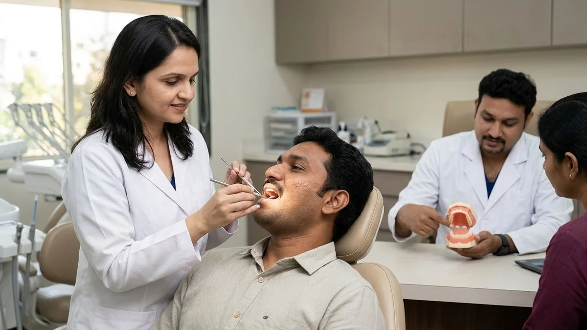 Dr. Pradeep S. and Dr. Kalpa Pandya consulting a patient about oral cancer screening and self-examination early detection