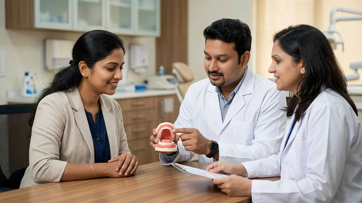 Dr. Pradeep S. and Dr. Kalpa Pandya consulting a patient about oral cancer stages explained from early lesion to advanced