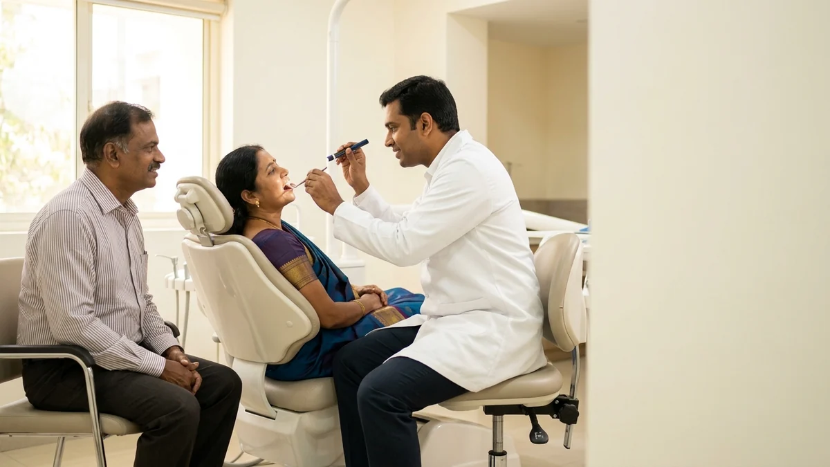 Oral and maxillofacial surgeon examining a patient's palate during a specialist consultation in Chennai while her husband looks on