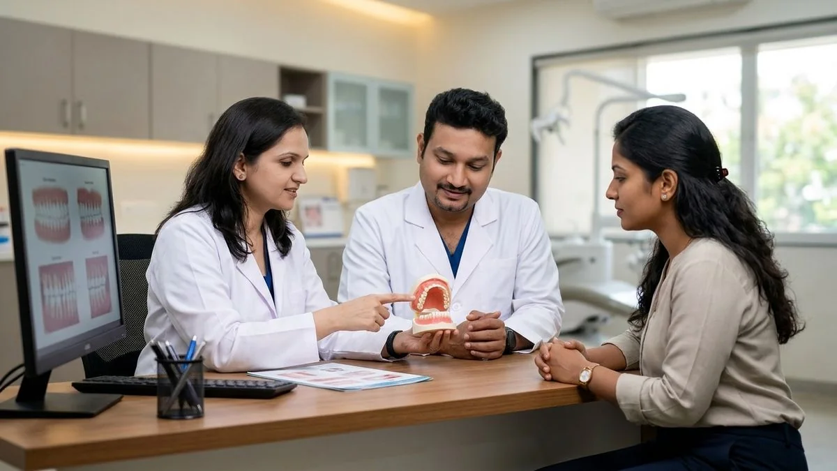 Dr. Pradeep S. and Dr. Kalpa Pandya consulting a patient about quitting tobacco after an OPMD oral pre-cancer diagnosis practical guide