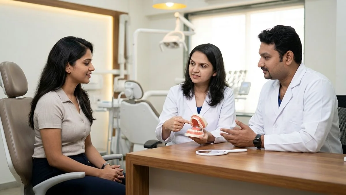 Dr. Pradeep S. and Dr. Kalpa Pandya consulting a patient about speech and swallowing therapy after oral surgery what to expect