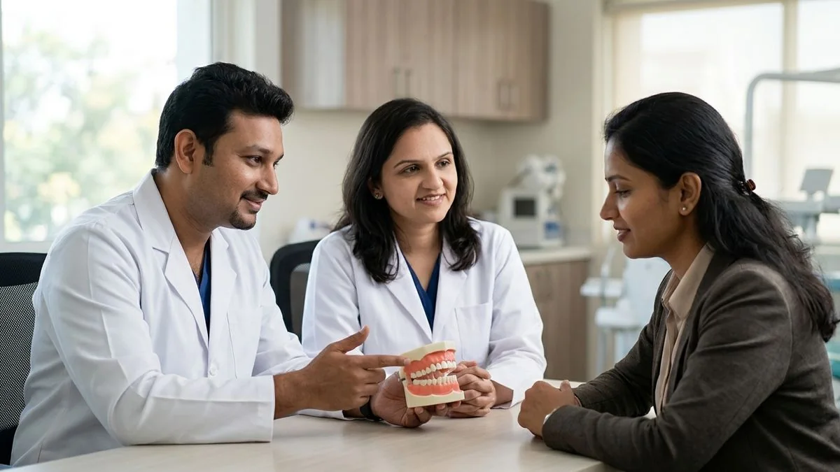 Dr. Pradeep S. and Dr. Kalpa Pandya consulting a patient about jaw clicking and pain TMJ disorder when you need more than a night guard