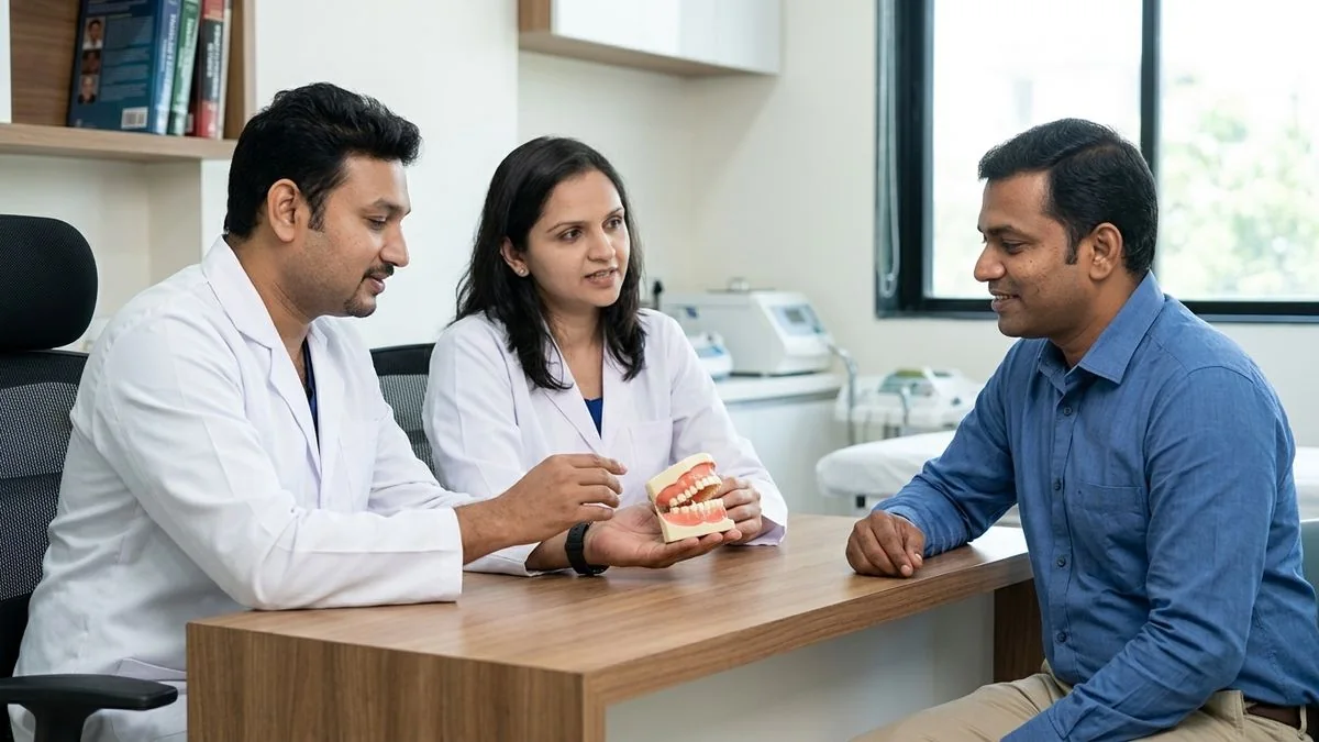 Dr. Pradeep S. and Dr. Kalpa Pandya consulting a patient about what is oral and maxillofacial surgery a patient guide