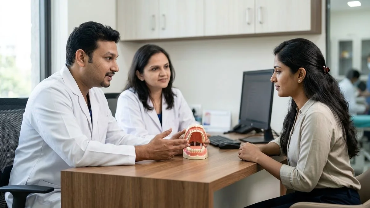 Dr. Pradeep S. and Dr. Kalpa Pandya consulting a patient about white spots on lips benign causes Fordyce milia when to worry