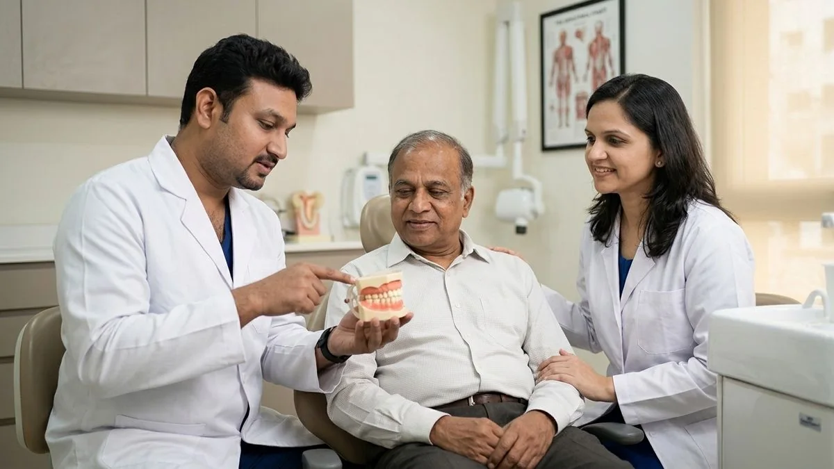Dr. Pradeep S. and Dr. Kalpa Pandya consulting a patient about why won't my mouth open oral submucous fibrosis symptoms