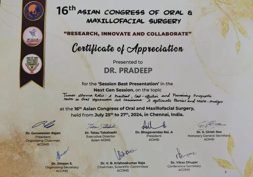 Certificate of Appreciation awarding Dr. Pradeep the Session Best Presentation at the 16th Asian Congress of Oral and Maxillofacial Surgery, Chennai 2024