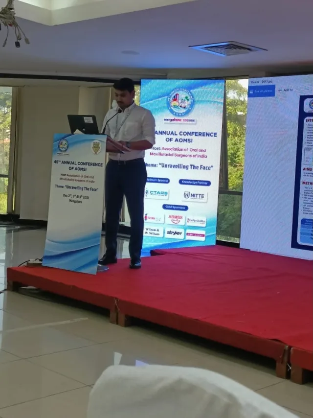 Dr. Pradeep S. presenting research on Narrow Band Imaging in oral cancer at the 45th AOMSI National Conference, Mangaluru 2021