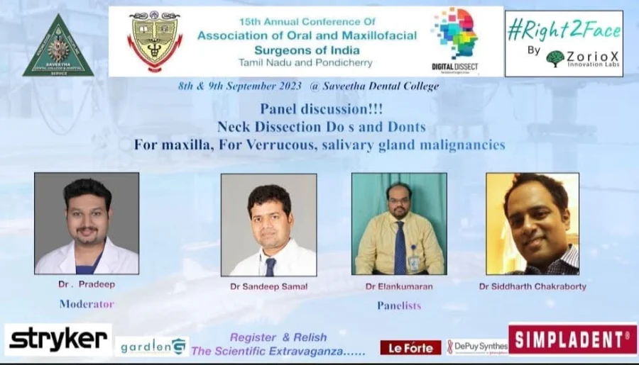 Conference poster listing Dr. Pradeep as Moderator of the neck dissection panel discussion at the 15th Annual AOMSI Tamil Nadu and Puducherry Conference, 2023