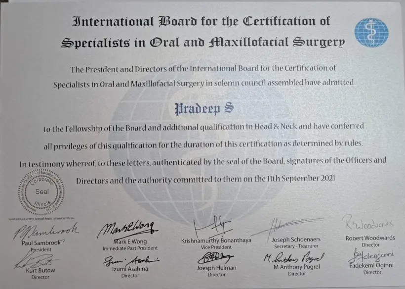 IBCSOMS Fellowship certificate awarding Dr. Pradeep S. international board certification in oral and maxillofacial surgery with additional qualification in head and neck surgery