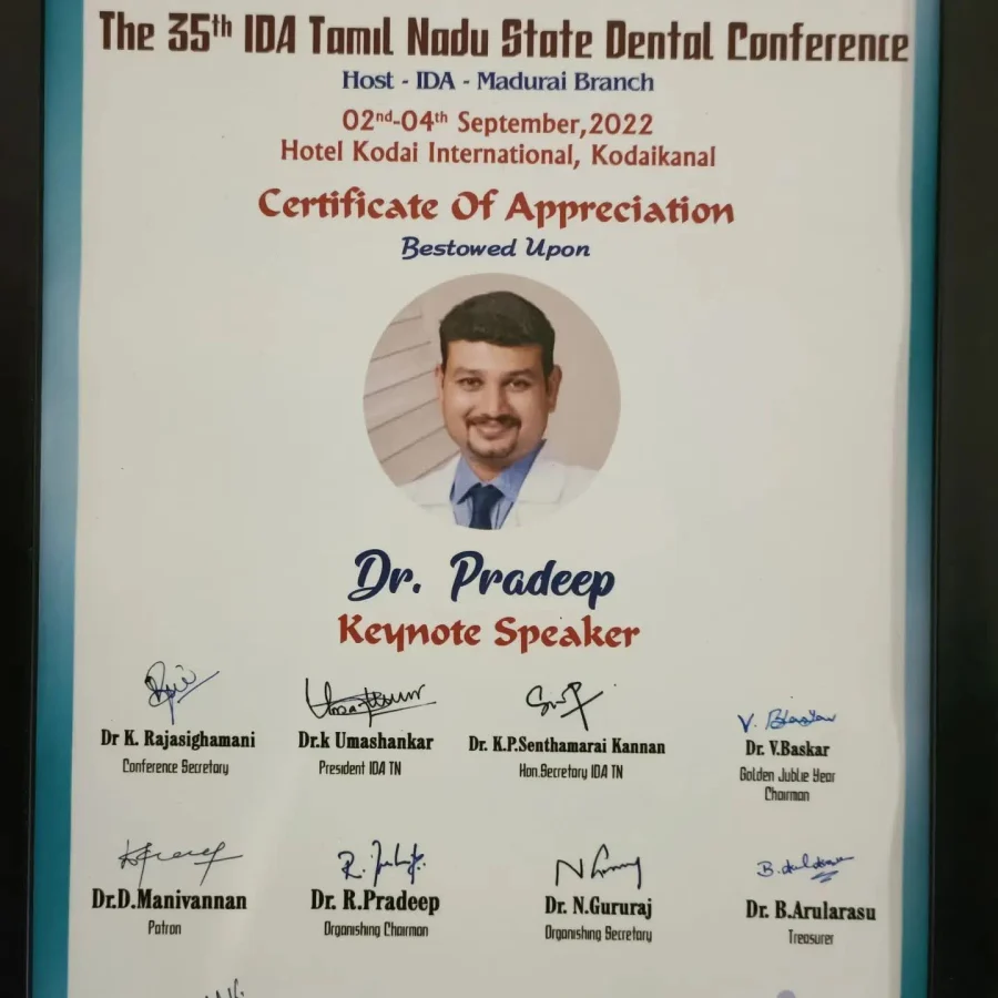 Certificate of Appreciation naming Dr. Pradeep as Keynote Speaker at the 35th IDA Tamil Nadu State Dental Conference, Kodaikanal 2022