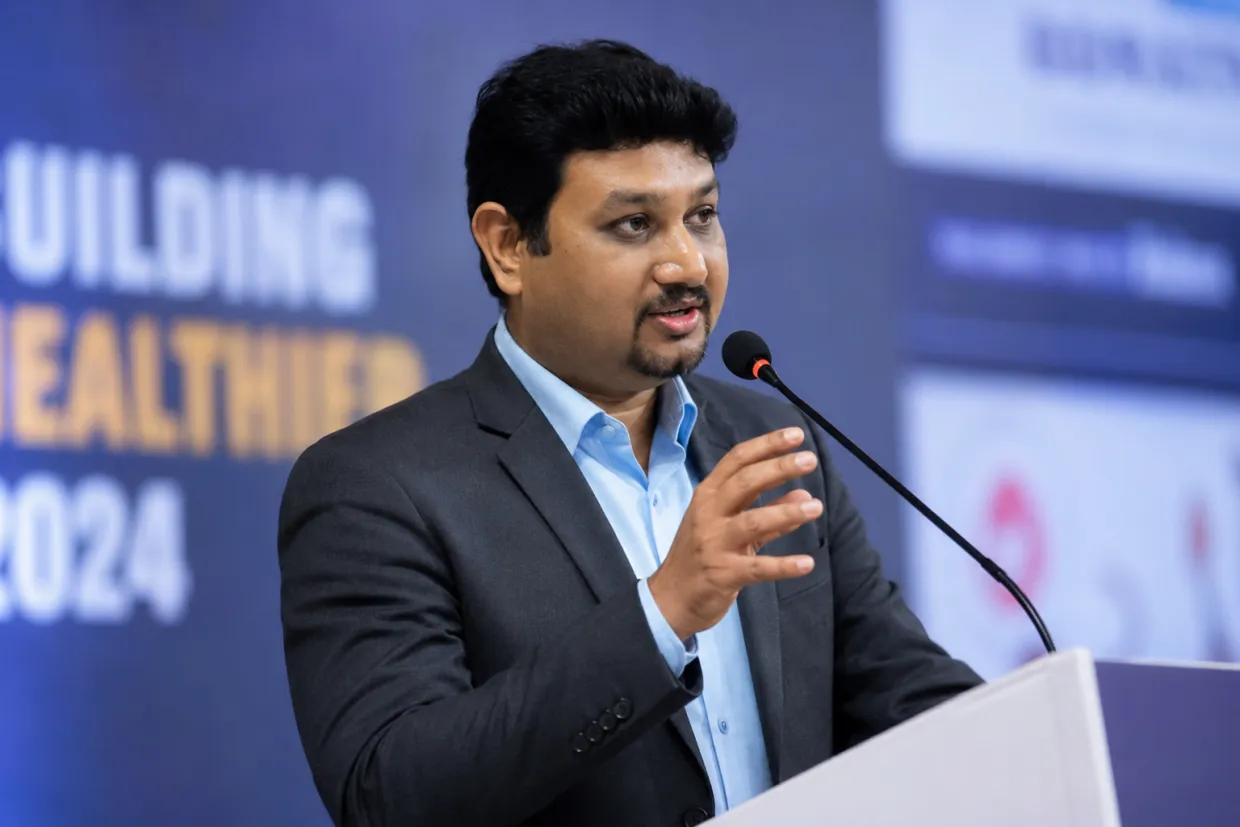 Dr. Pradeep S., oral and maxillofacial surgeon, speaking at a medical conference podium